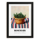 Rosemary – on Striped Tablecloth, Fresh Herbs Print, in sleek black frame