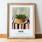 Sage – on Striped Tablecloth, Fresh Herbs Painting, in wooden frame leaning on the floor