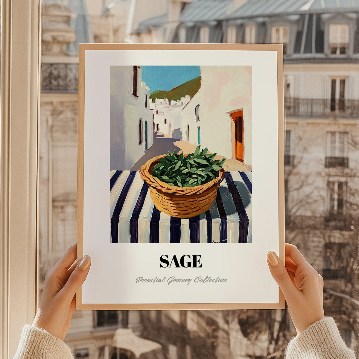 Sage – White village Street Café Scene, Fresh Herbs Illustration, styled in a charming Paris street view