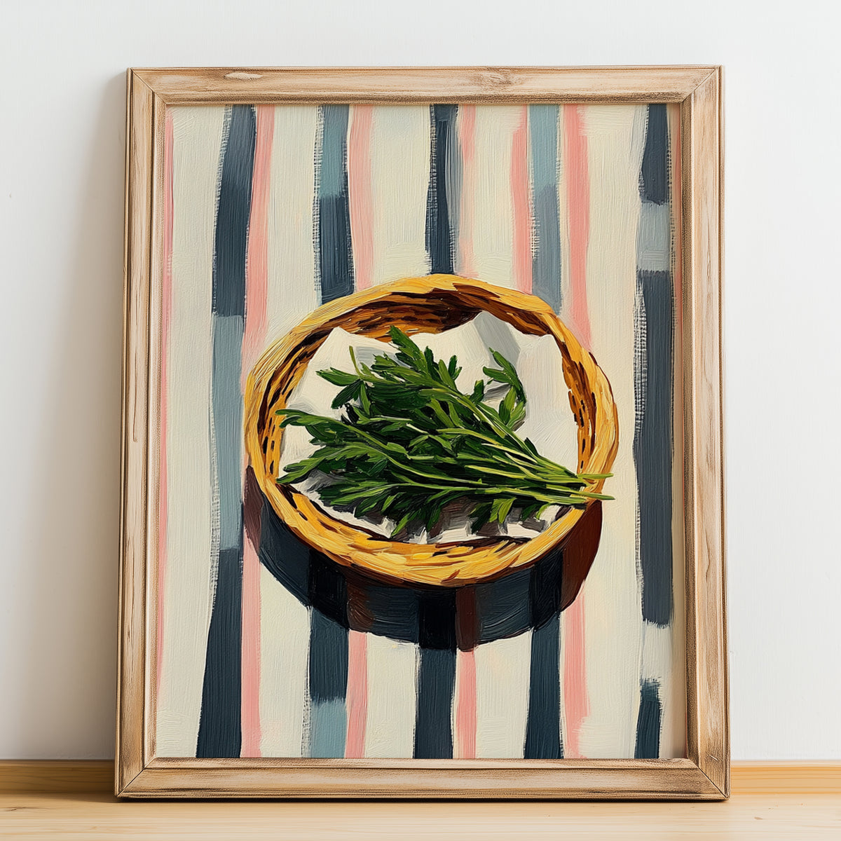 Tarragon – on Striped Tablecloth, Fresh Herbs Poster, no-text version framed in wood