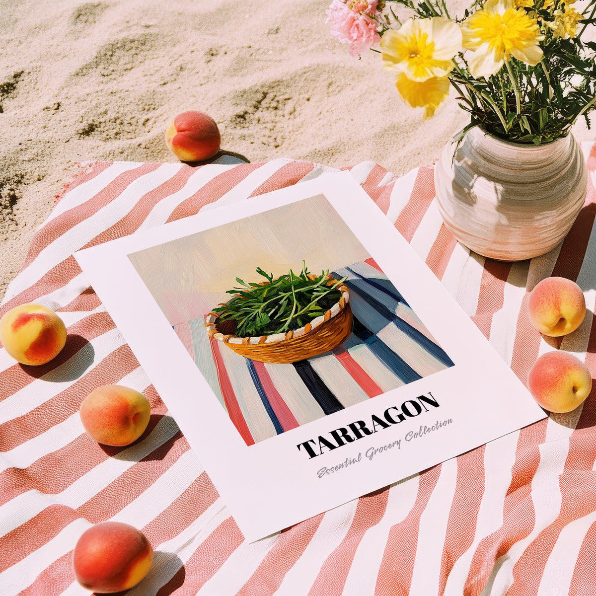 Tarragon – on Striped Tablecloth, Fresh Herbs Still Life, unframed on coastal sand