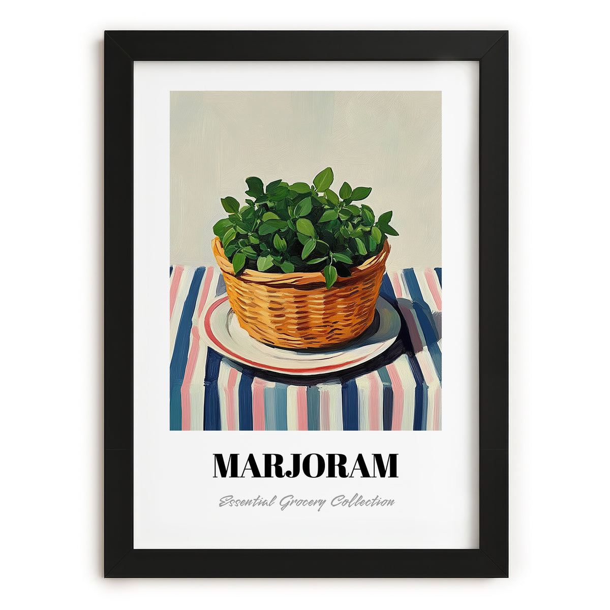 Marjoram – on Striped Tablecloth, Fresh Herbs Poster, in sleek black frame