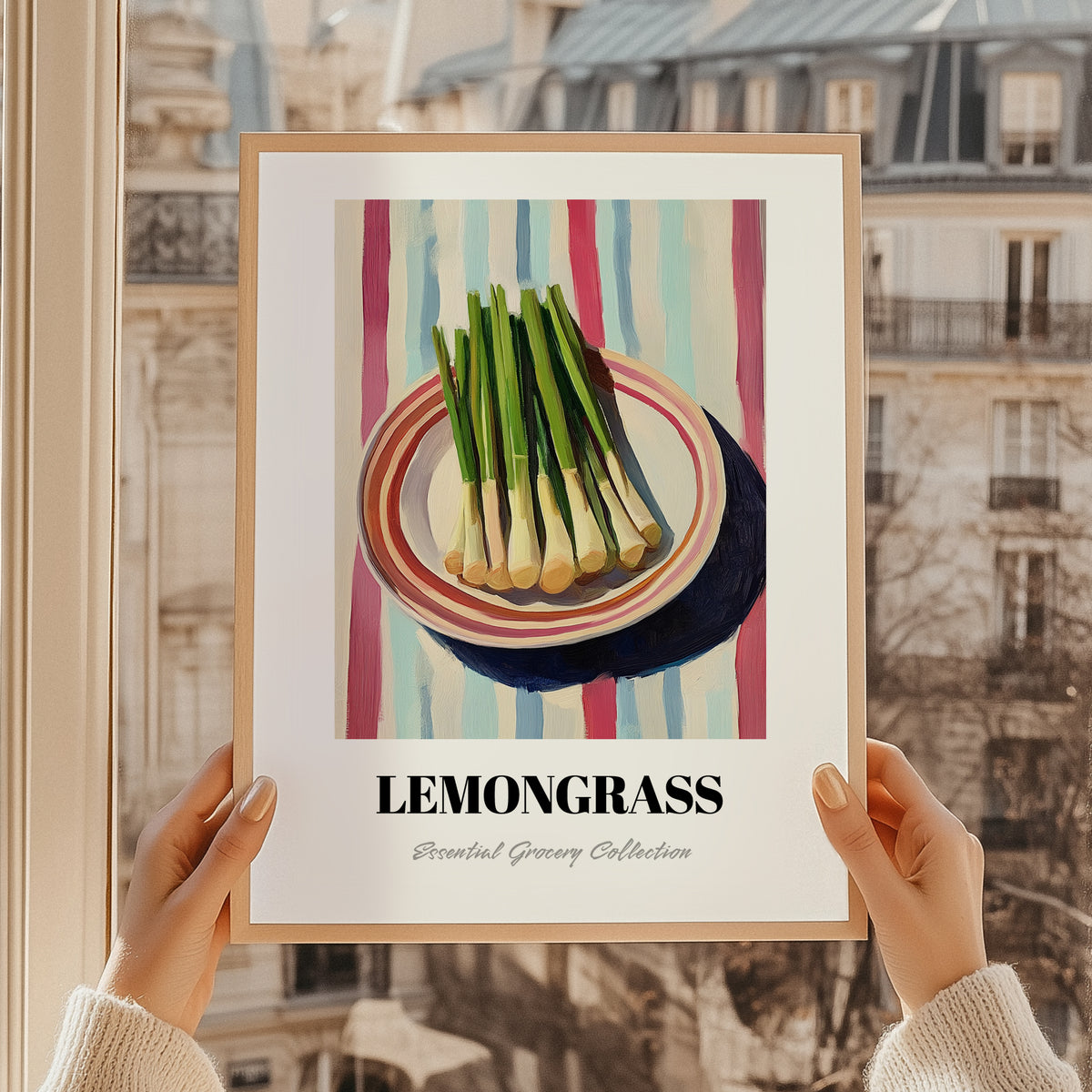 Lemongrass – on Striped Tablecloth, Fresh Herbs Wall Painting, styled in a charming Paris street view