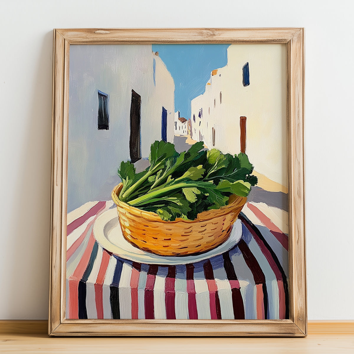 Lovage – White village Street Café Scene, Fresh Herbs Painting, no-text version framed in wood