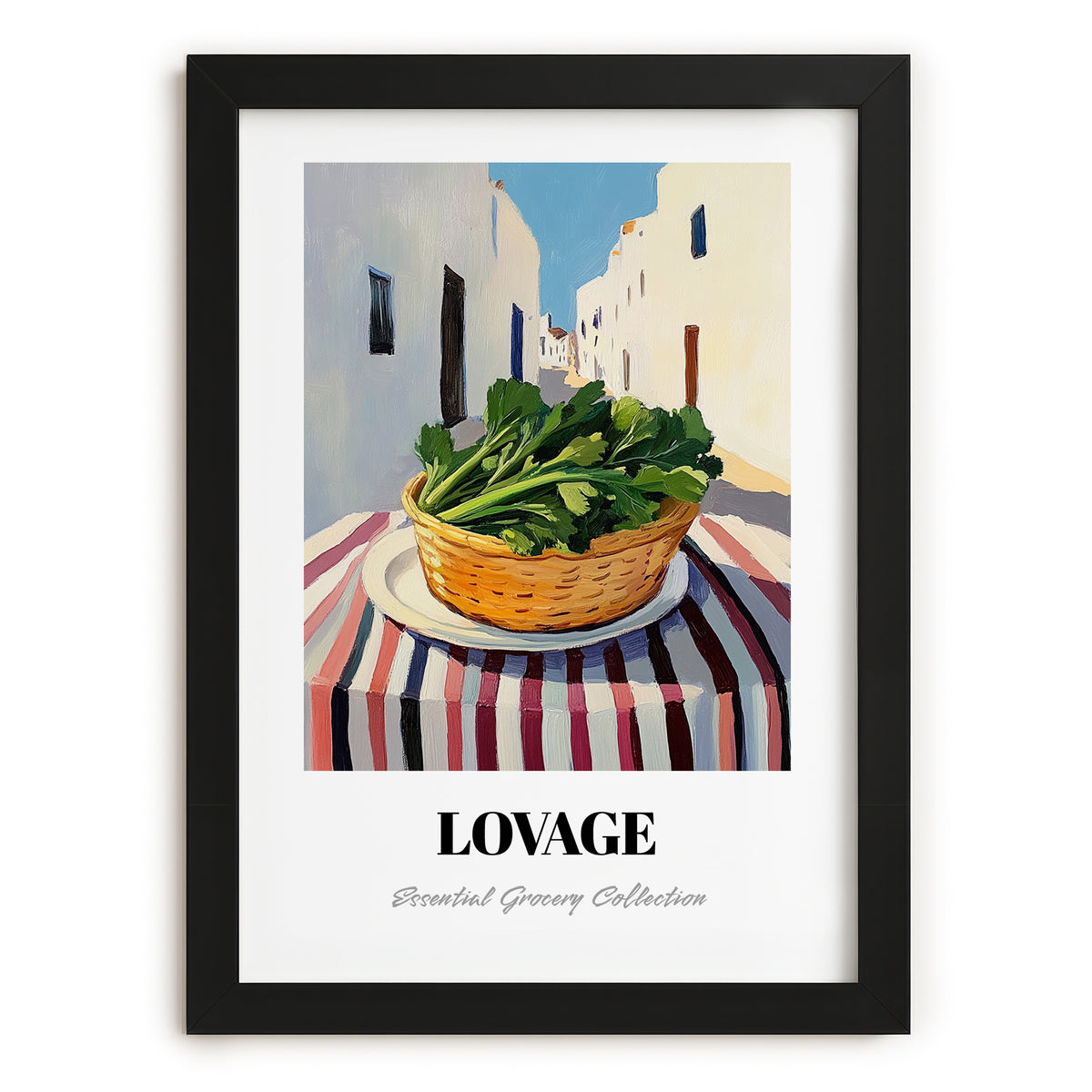 Lovage – White village Street Café Scene, Fresh Herbs Painting, in sleek black frame