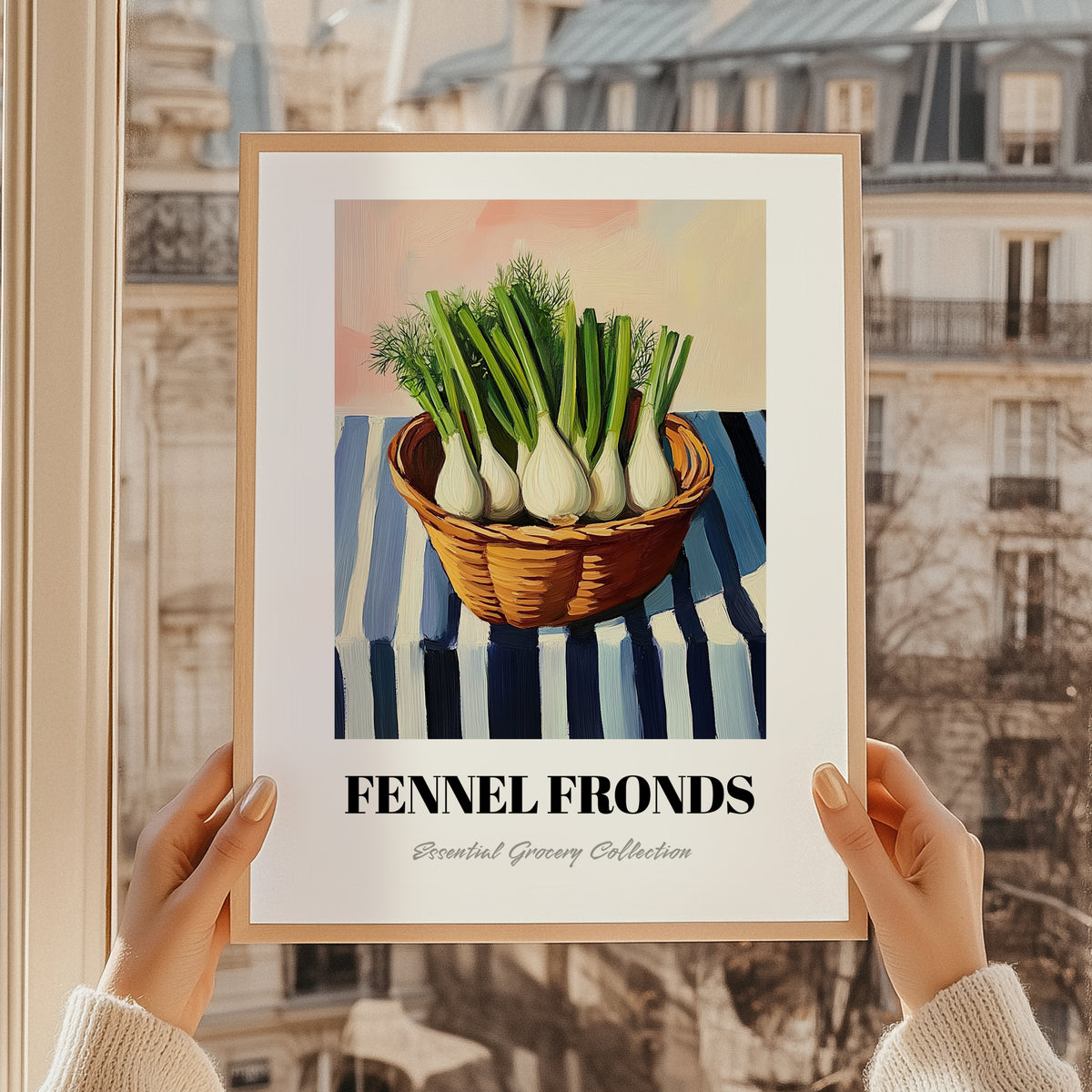 Fennel Fronds – on Striped Tablecloth, Fresh Herbs Still Life, styled in a charming Paris street view