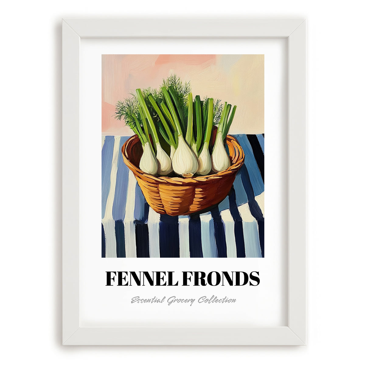 Fennel Fronds – on Striped Tablecloth, Fresh Herbs Still Life, placed in minimal white frame