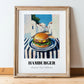 Hamburger – White village Street Café Scene, American Food Wall Decor, in wooden frame leaning on the floor