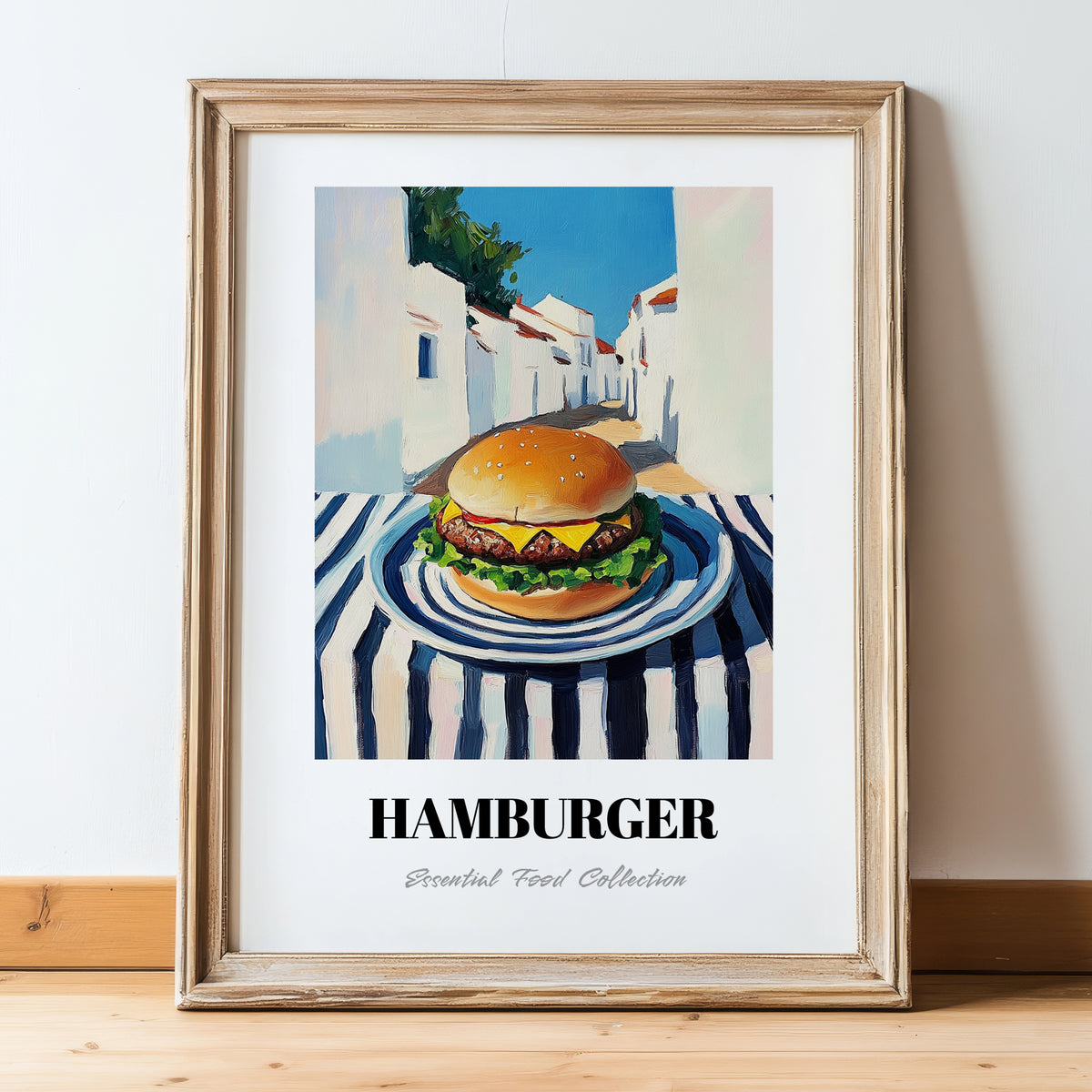Hamburger – White village Street Café Scene, American Food Wall Decor, in wooden frame leaning on the floor