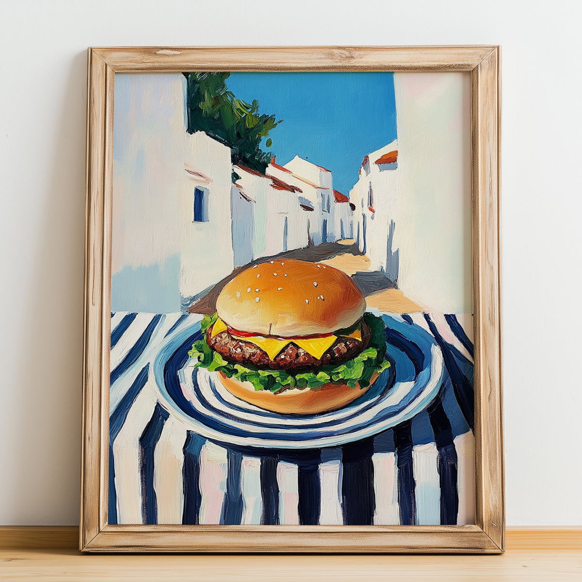 Hamburger – White village Street Café Scene, American Food Wall Decor, no-text version framed in wood
