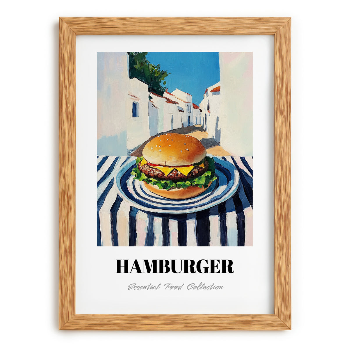 Hamburger – White village Street Café Scene, American Food Wall Decor, set in oak frame