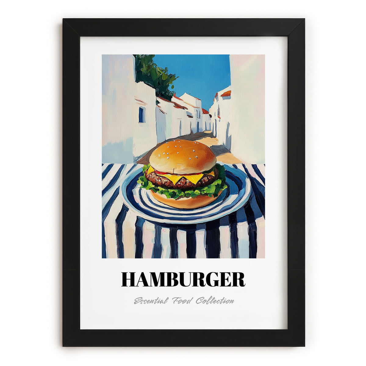 Hamburger – White village Street Café Scene, American Food Wall Decor, in sleek black frame