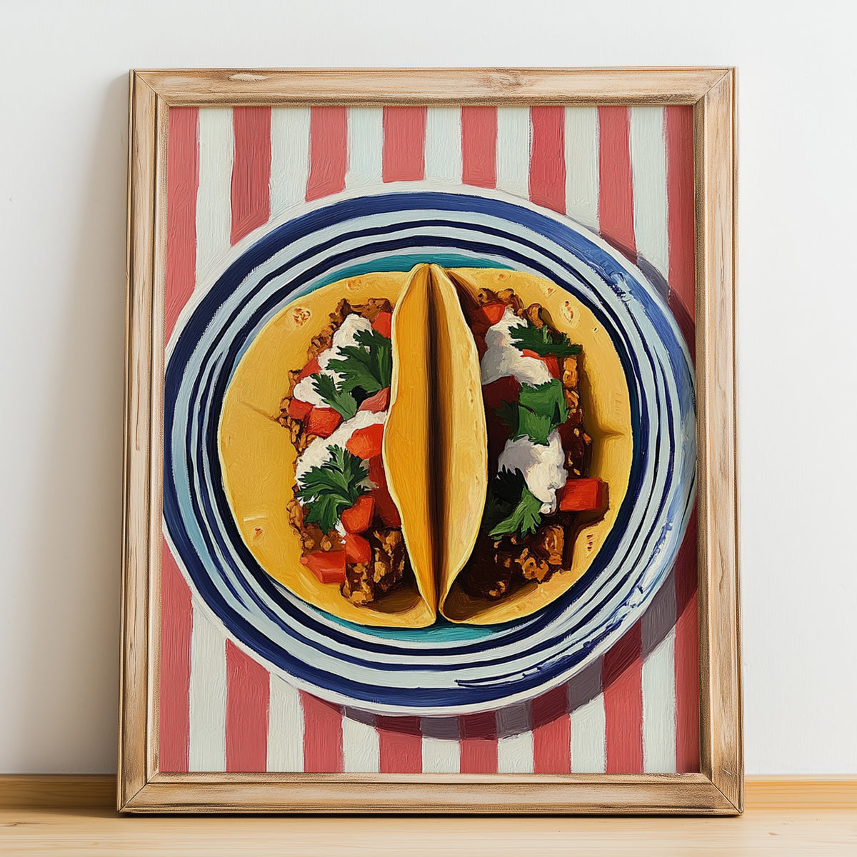 Tacos – on Striped Tablecloth, Mexican Food Art, no-text version framed in wood