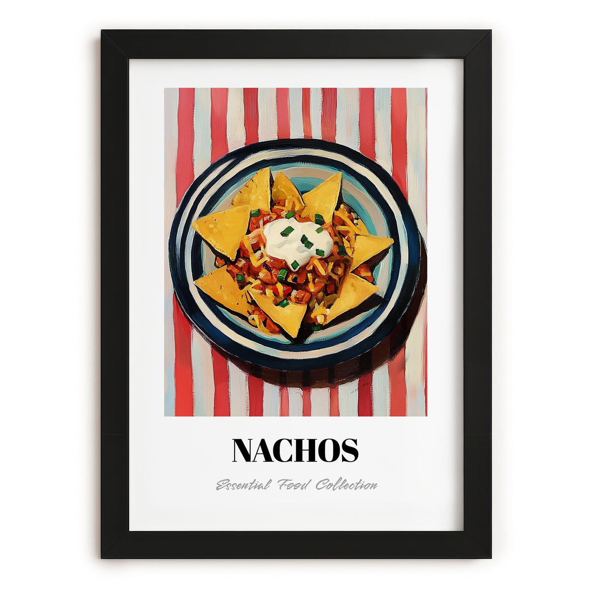 Nachos – on Striped Tablecloth, Mexican Cheese Wall Decor, in sleek black frame