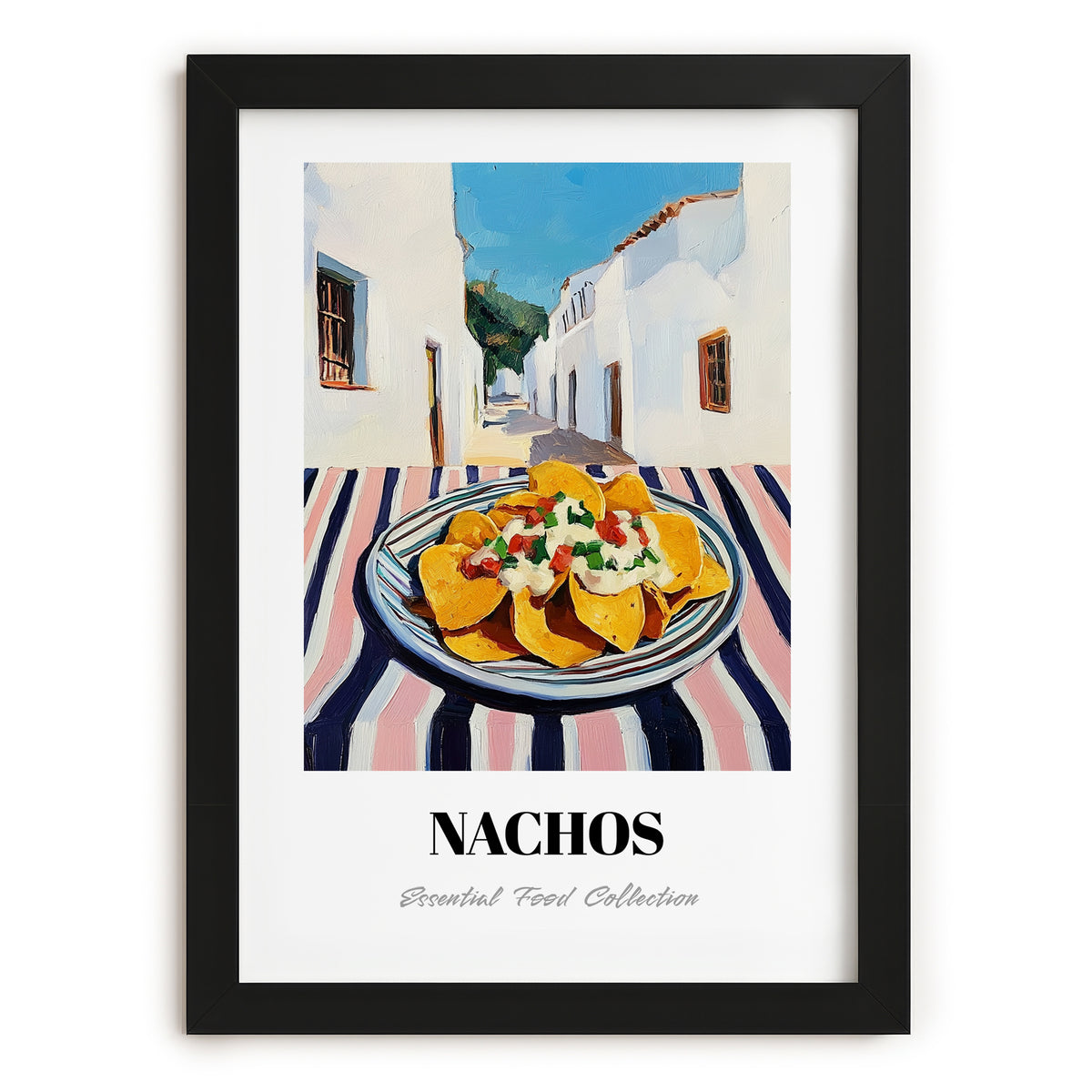 Nachos – White village Café on the Corner, Mexican Cheese Illustration, in sleek black frame