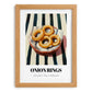 Onion Rings – on Striped Tablecloth, American Food Wall Art, set in oak frame