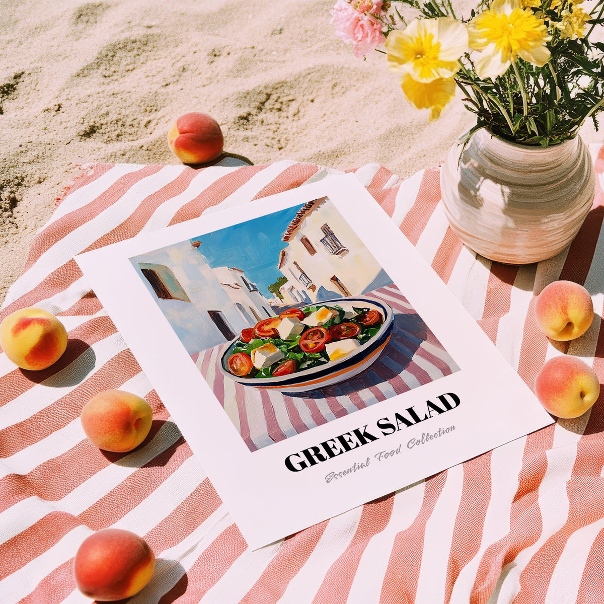 Greek Salad – White village Urban Café Scene, Greek Food Illustration, unframed on coastal sand