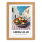 Greek Salad – White village Urban Café Scene, Greek Food Illustration, set in oak frame