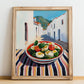 Caprese Salad – White village Urban Café Scene, Italian Food Wall Decor, no-text version framed in wood