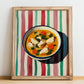 Chicken Soup – on Striped Tablecloth, American Food Art, no-text version framed in wood