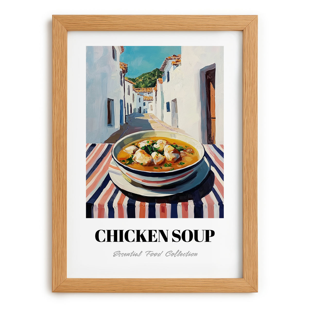 Chicken Soup – White village Urban Café Scene, American Food Painting, set in oak frame