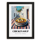 Chicken Soup – White village Urban Café Scene, American Food Painting, in sleek black frame
