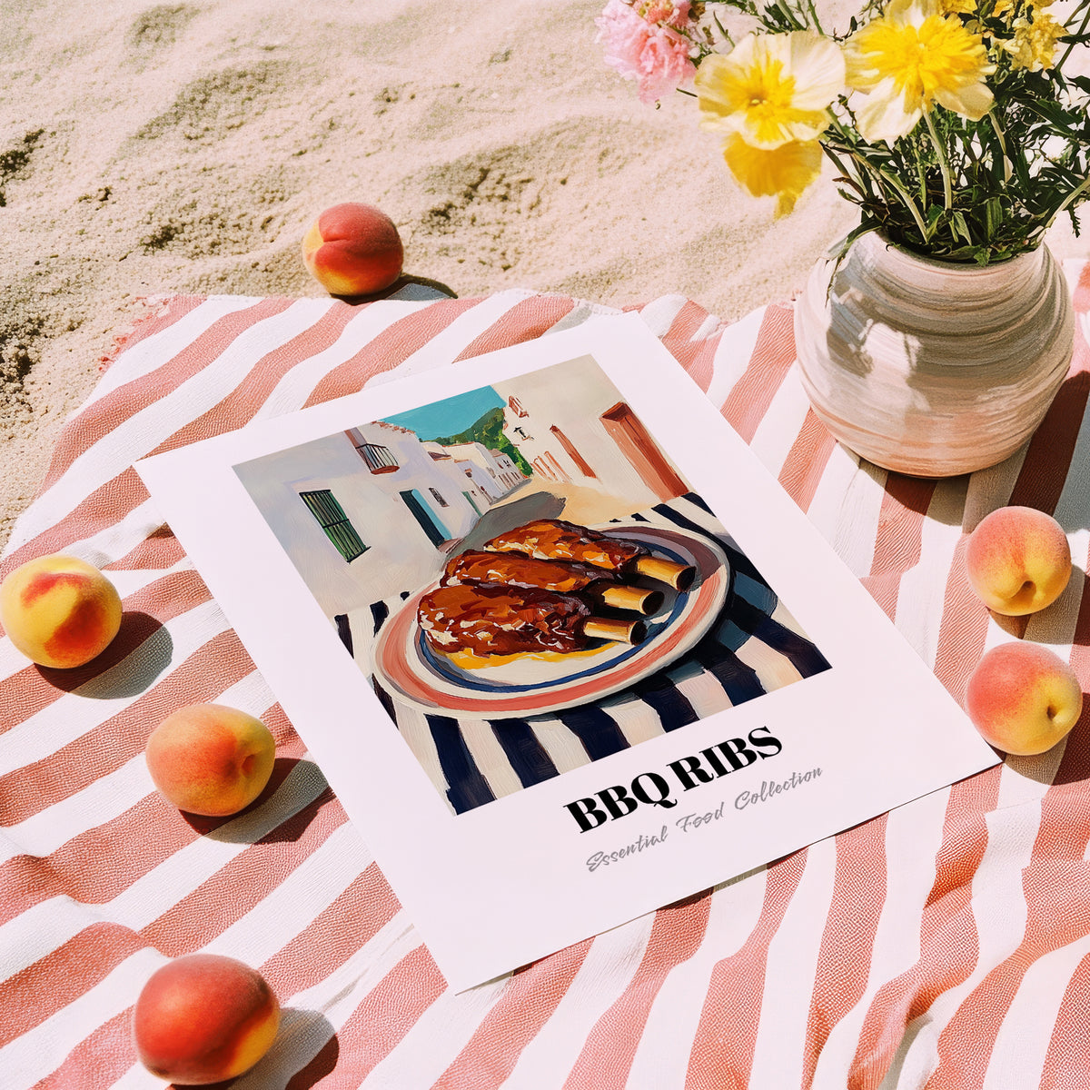 BBQ Ribs – White village Outdoor Café Scene, American Bbq Painting, unframed on coastal sand