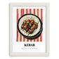 Kebab – on Striped Tablecloth, Turkish Food Painting, placed in minimal white frame