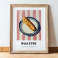 Baguette – on Striped Tablecloth, French Food Print, in wooden frame leaning on the floor