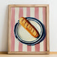 Baguette – on Striped Tablecloth, French Food Print, no-text version framed in wood