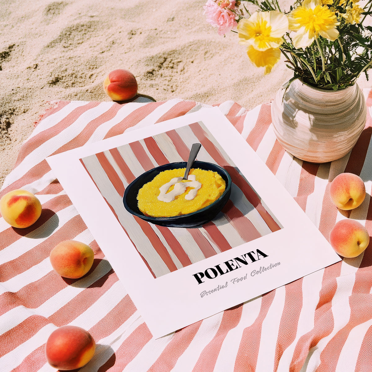 Polenta – on Striped Tablecloth, Italian Food Painting, unframed on coastal sand