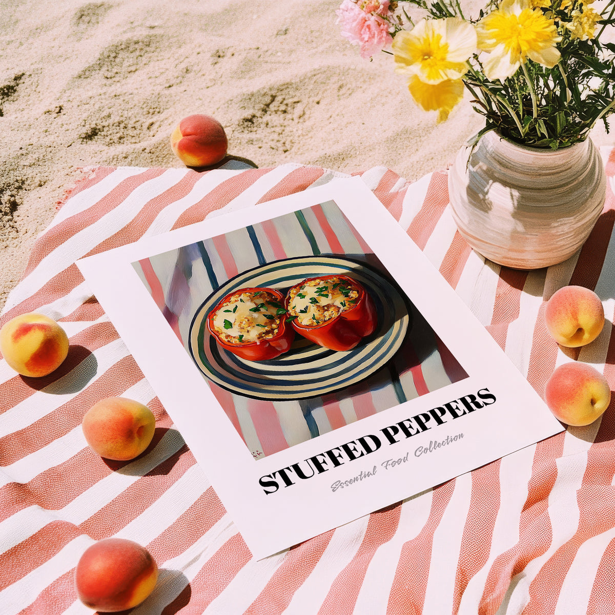 Stuffed Peppers – on Striped Tablecloth, Balkan Food Poster, unframed on coastal sand