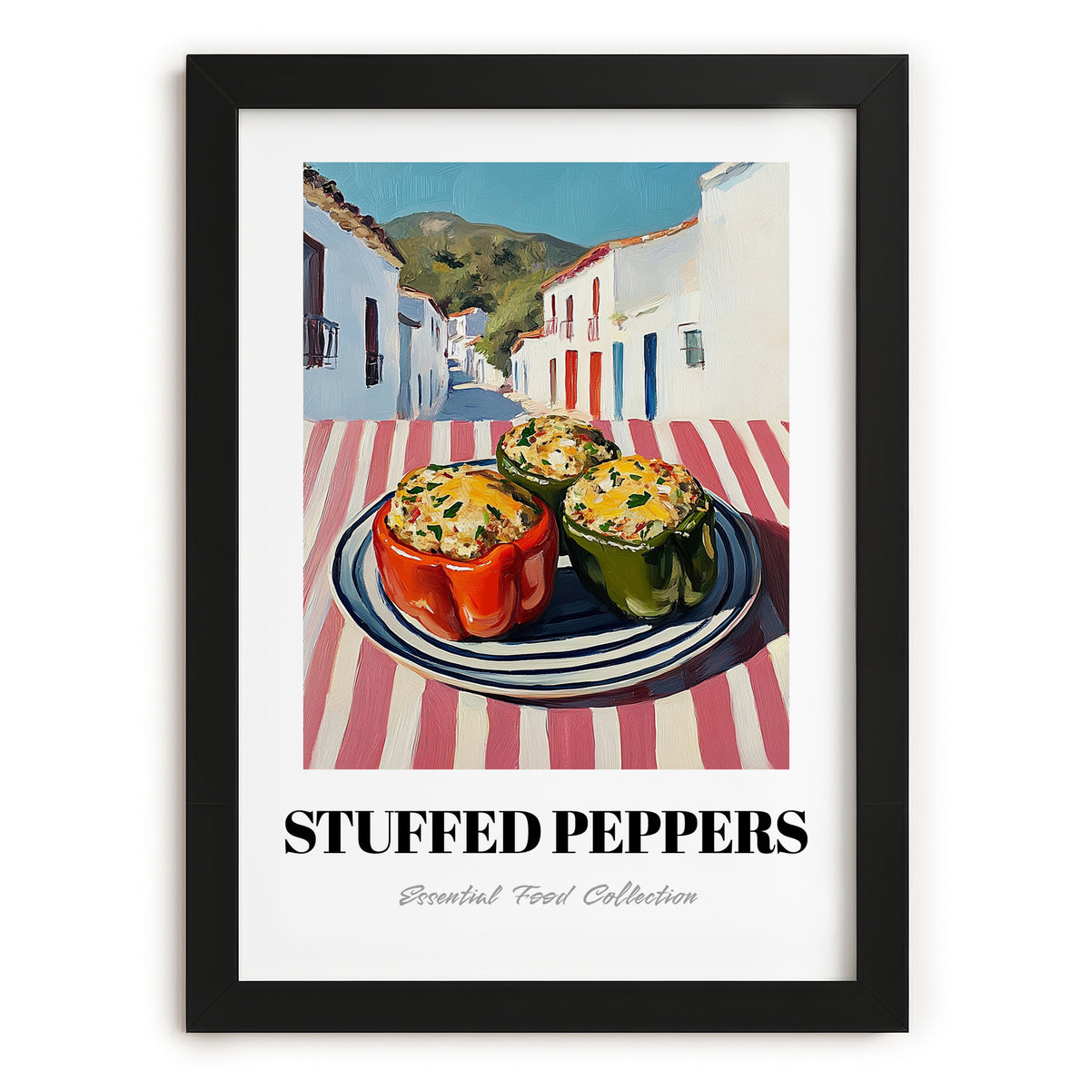 Stuffed Peppers – White village Café on the Corner, Balkan Food Poster, in sleek black frame