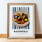 Ratatouille – on Striped Tablecloth, French Food Painting, in wooden frame leaning on the floor