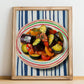 Ratatouille – on Striped Tablecloth, French Food Painting, no-text version framed in wood
