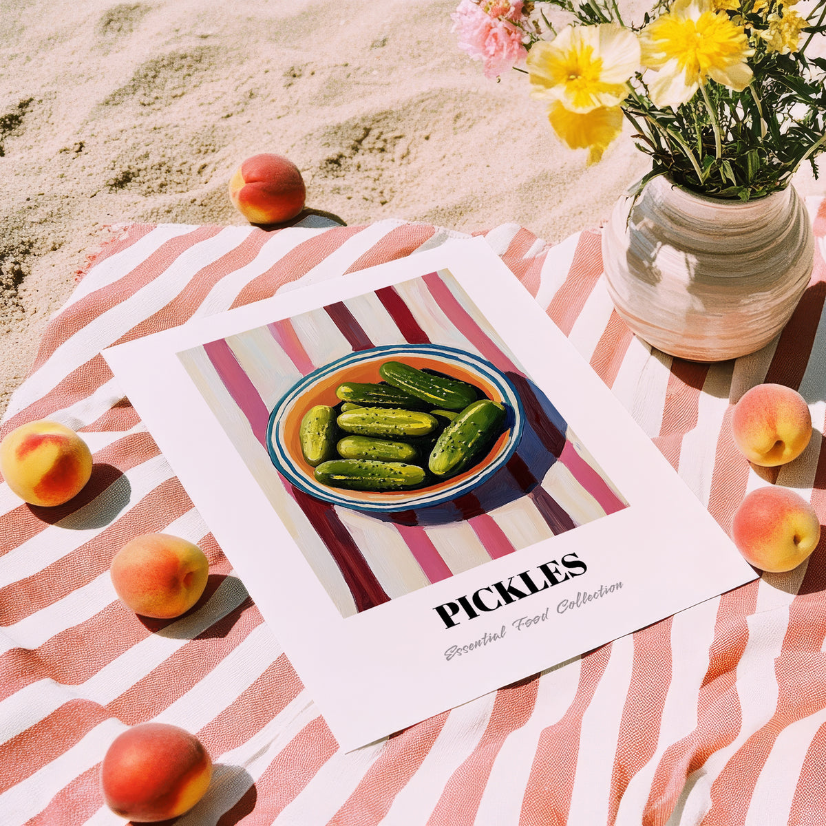 Pickles – on Striped Tablecloth, American Bbq Wall Art, unframed on coastal sand