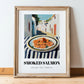 Smoked Salmon – White village Urban Café Scene, Norwegian Food Poster, in wooden frame leaning on the floor
