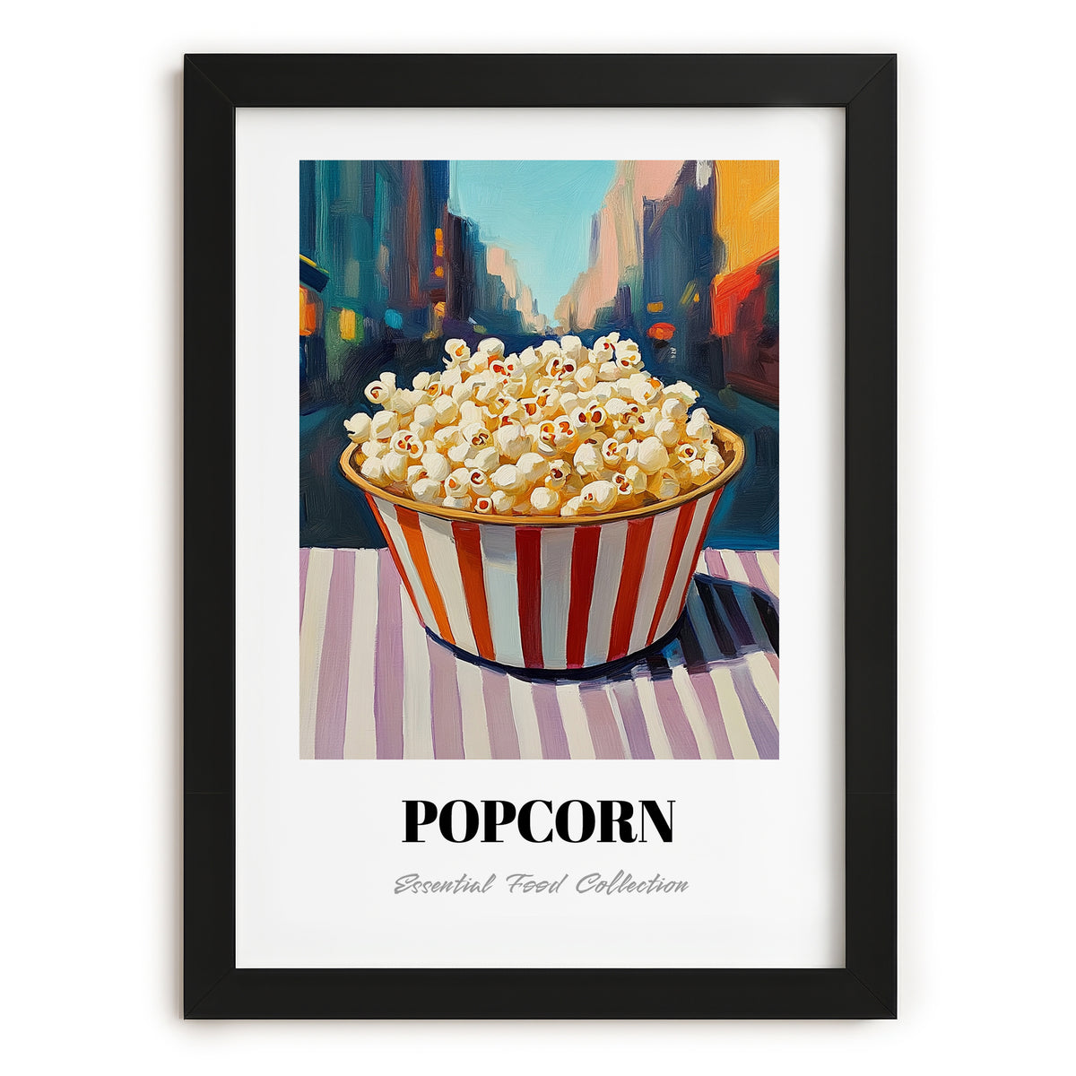 Popcorn – New York Street Café Scene, American Food Painting, in sleek black frame