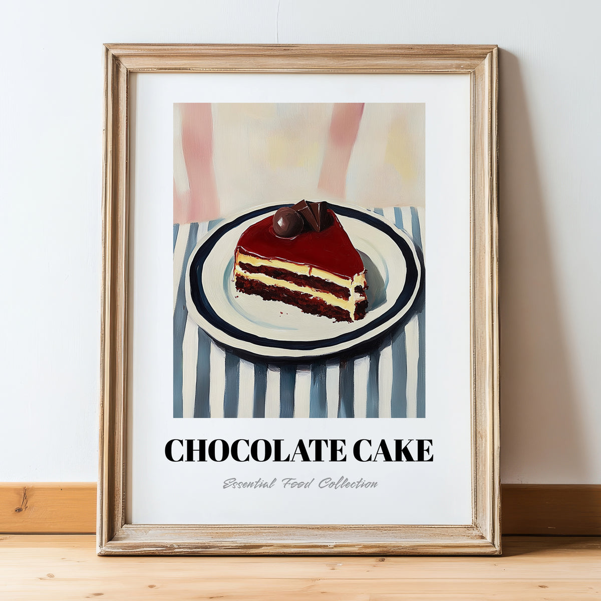 Chocolate Cake – on Striped Tablecloth, American Dessert Wall Illustration, in wooden frame leaning on the floor