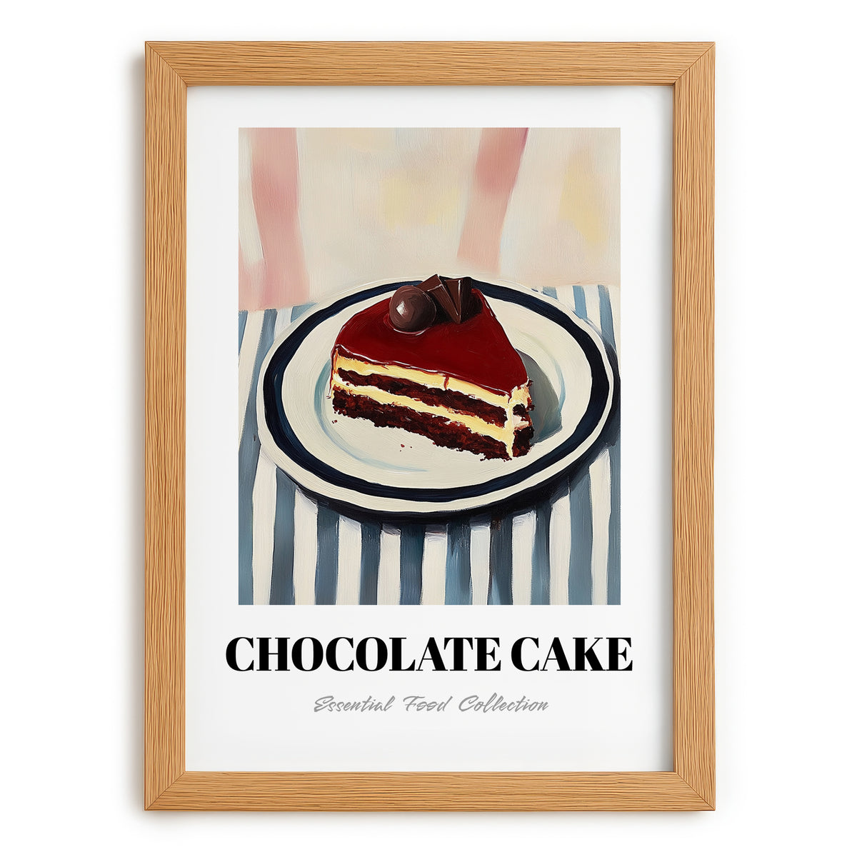 Chocolate Cake – on Striped Tablecloth, American Dessert Wall Illustration, set in oak frame