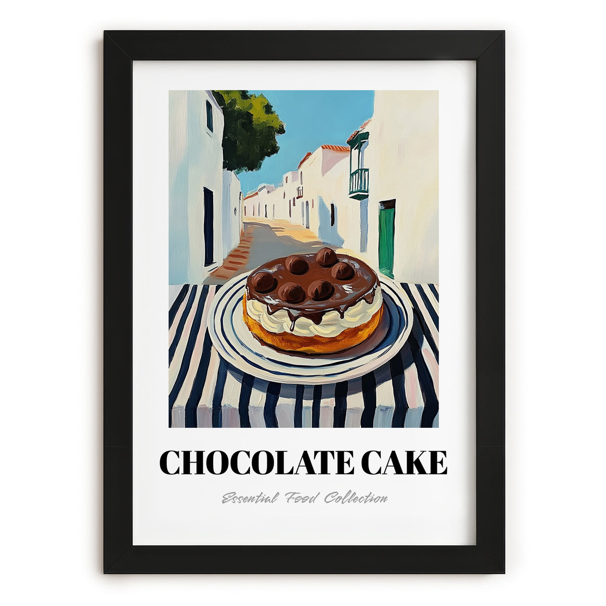 Chocolate Cake – White village Street Café Scene, American Dessert Print, in sleek black frame