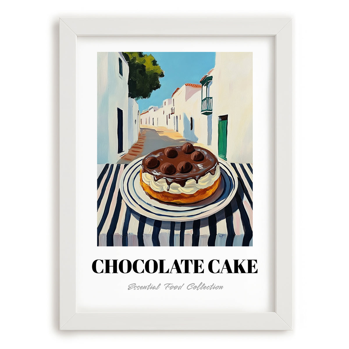 Chocolate Cake – White village Street Café Scene, American Dessert Print, placed in minimal white frame