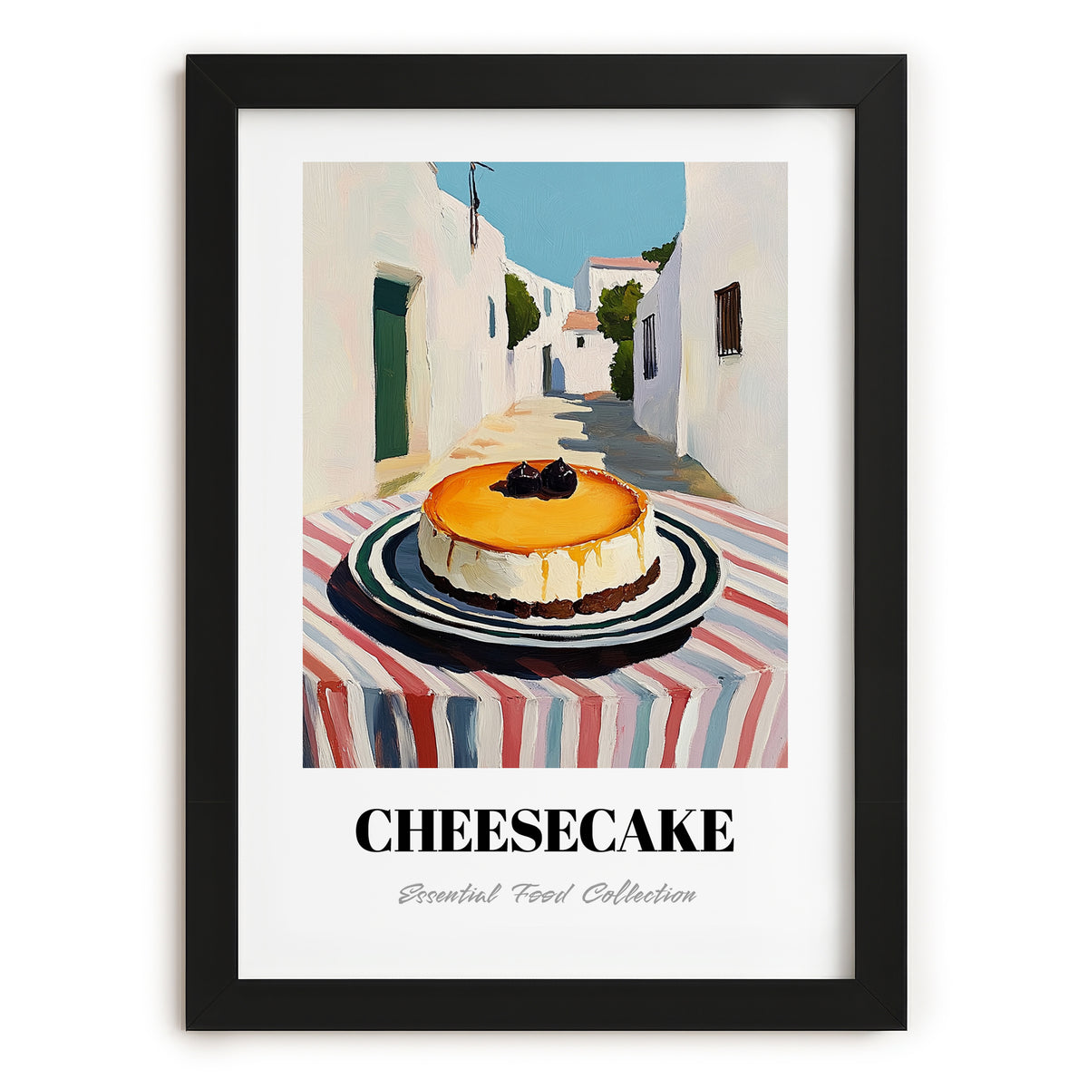 Cheesecake – White village Outdoor Café Scene, American Dessert Poster, in sleek black frame