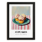 Cupcakes – on Striped Tablecloth, American Dessert Still Life, in sleek black frame