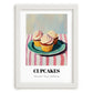 Cupcakes – on Striped Tablecloth, American Dessert Still Life, placed in minimal white frame