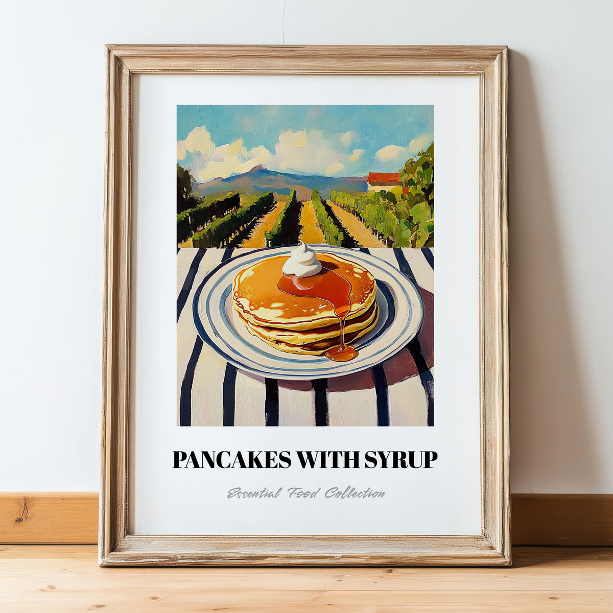 Pancakes With Syrup – Hilltop Table Scene, American Pastry Still Life, in wooden frame leaning on the floor