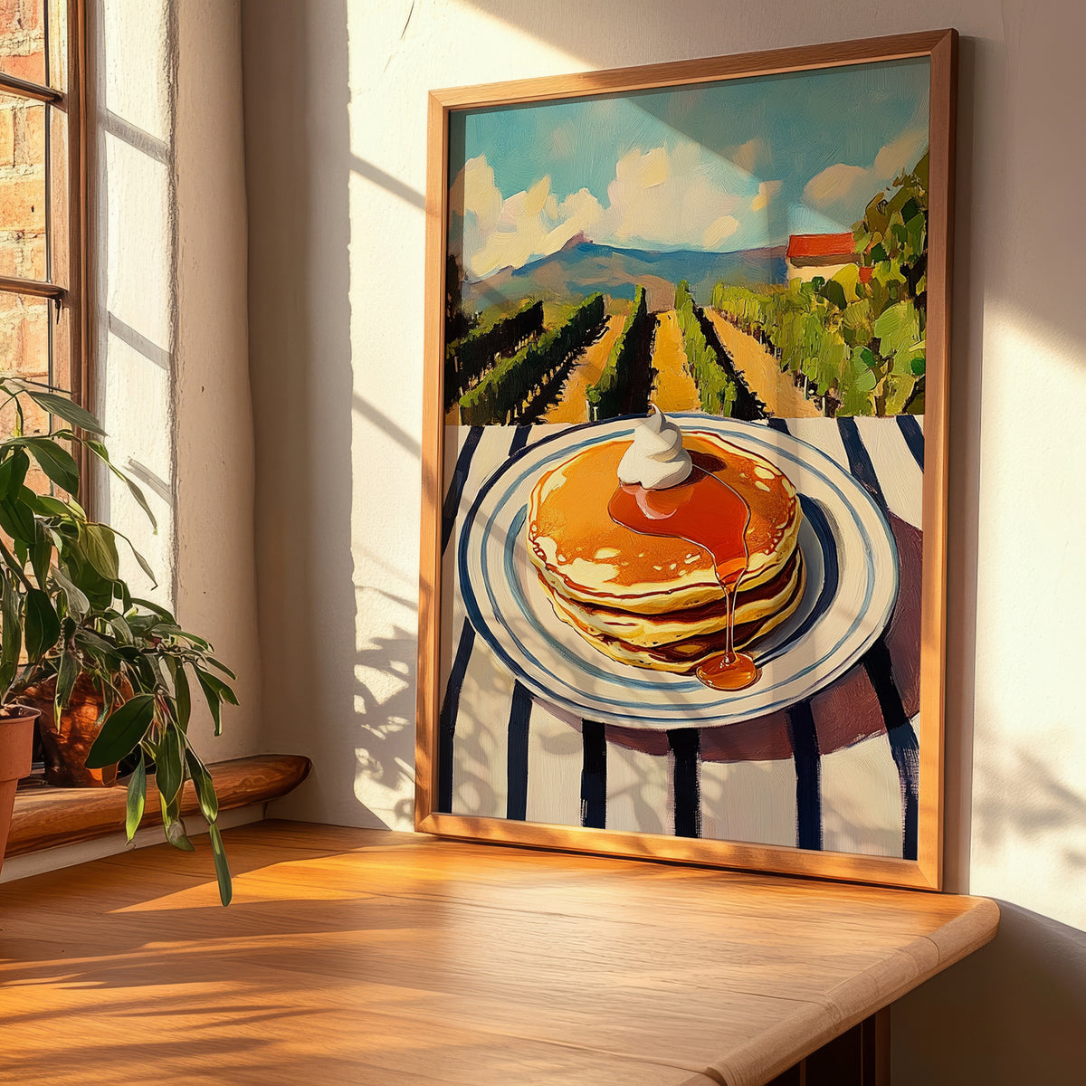 Pancakes With Syrup – Hilltop Table Scene, American Pastry Still Life, clean layout with no caption