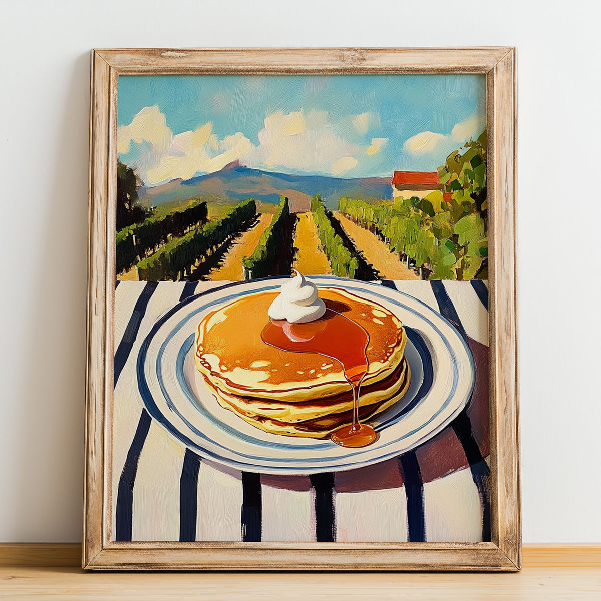 Pancakes With Syrup – Hilltop Table Scene, American Pastry Still Life, no-text version framed in wood