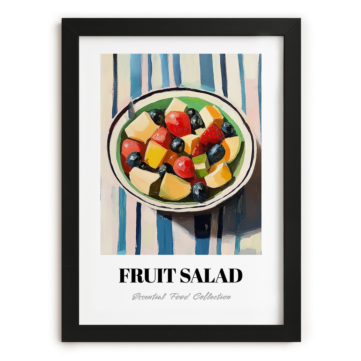Fruit Salad – on Striped Tablecloth, American Food Still Life, in sleek black frame