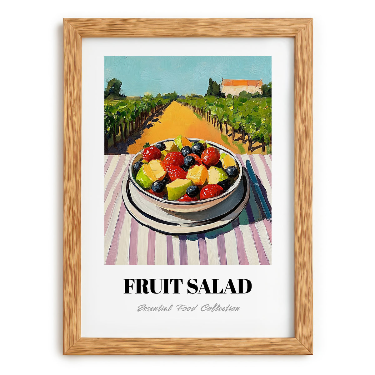 Fruit Salad – Hilltop Table Scene, American Food Wall Decor, set in oak frame